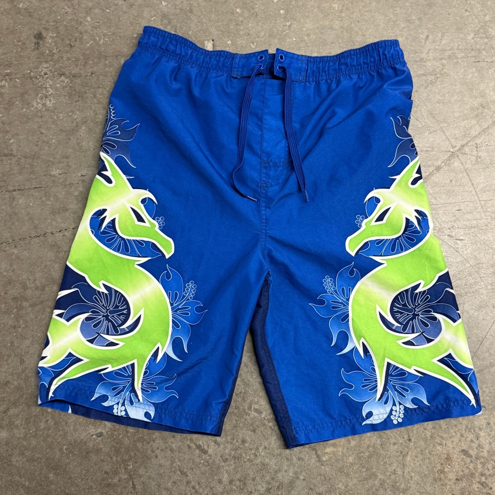 No Boundaries Mens Blue Y2K Dragon Hibiscus Board Shorts Swim Trunks Large 12/14